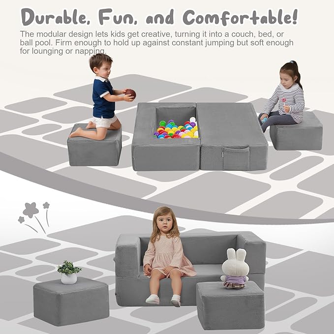 MeMoreCool Kids Play Couch Sofa – Grey Modular Convertible Foam Couch Soft Fold-Out Toddler Seating for Creative Play, Reading, Resting & Playroom Fun