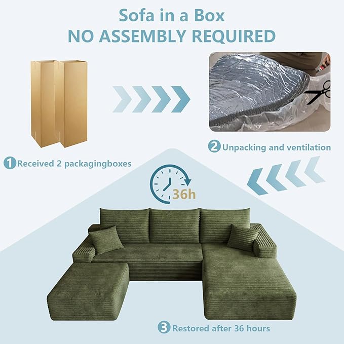 95" Cloud Sectional Couch with Ottoman,Modern U-Shaped Cloud Couch with Deep Seat,Comfy Corduroy 3-Seater Sofa,Memory Foam Sofa for Living Room,No Assembly (Green,Right-Facing Chaise)