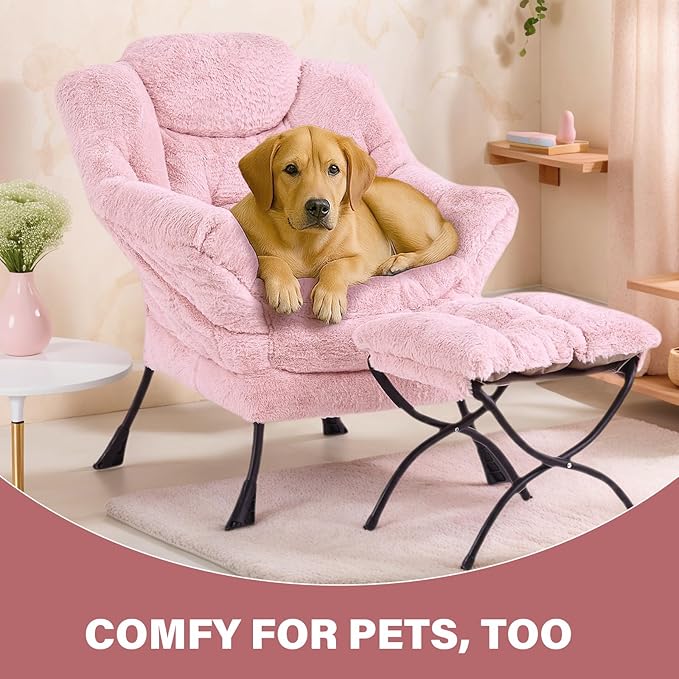 Tiita Lazy Chair with Ottoman, Pink Chair Modern Large Accent Lounge Armchair, Comfy Leisure Sofa Reading Chair with Footrest for Bedroom, Living Room, Dorm Rooms, Garden and Courtyard, Plush Pink