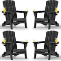 Folding Adirondack Chair 4 Pack, HDPE All-Weather Fire Pit Chairs, Plastic Adirondack Chairs with 2 Cup Holder, Outdoor Lawn Chair for Patio Garden (Black)