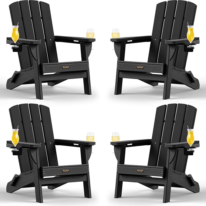 Folding Adirondack Chair 4 Pack, HDPE All-Weather Fire Pit Chairs, Plastic Adirondack Chairs with 2 Cup Holder, Outdoor Lawn Chair for Patio Garden (Black)