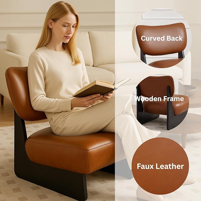 Brown Faux Leather Living Room Chair, Cozy Upholstered Armless Accent Chair for Bedroom, Black Wood Frame, Vintage Modern Lounge Reading Chair for Apartment Waiting Room Office,1 PCS, Brown