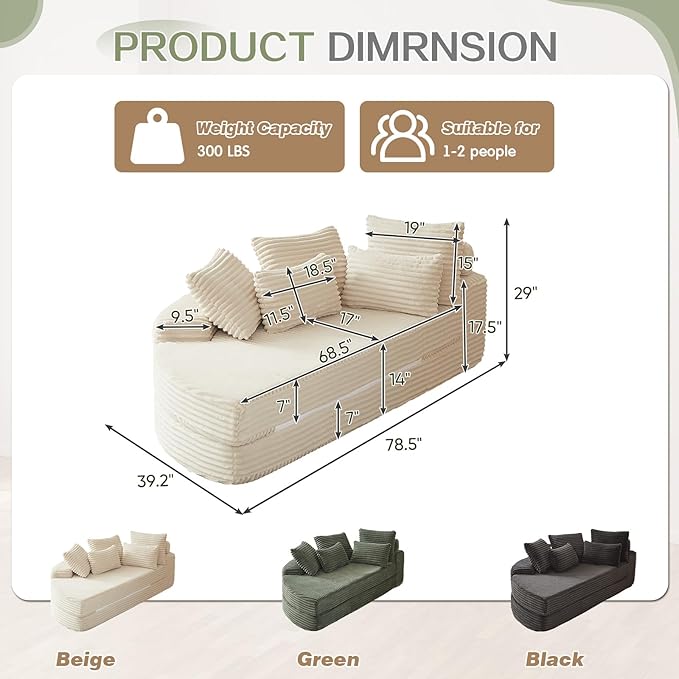 Antetek Chaise Lounge Chair Indoor, Convertible Folding Futon Sofa Bed w/ 5 Pillows, Fluffy Corduroy Boneless Compressed Memory Foam Couch for Living Room, Bedroom (Beige, Left Half)