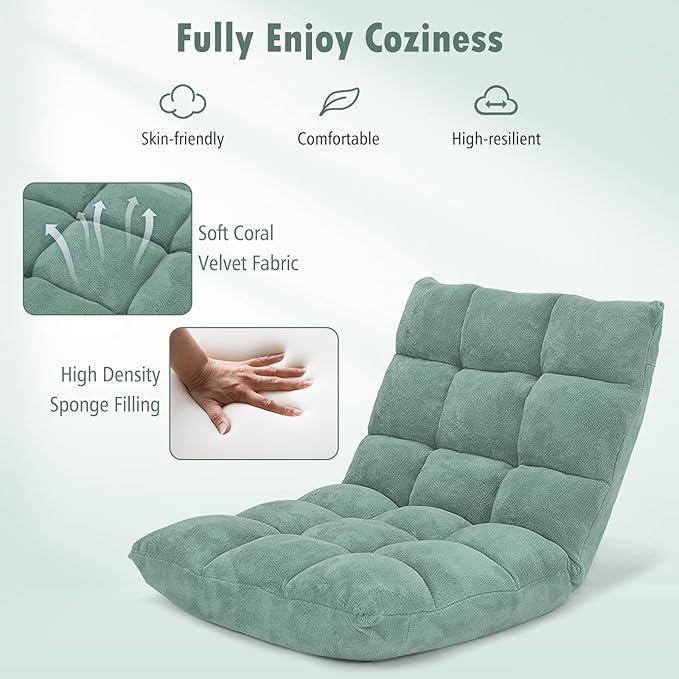 IFANNY Floor Chair with Back Support, Foldling Gaming Sofa Chair with Comfy Cushion, Adjustable 14-Position Meditation Chairs, Lazy Lounge Recliner Reading Seat for Adults, Kids (Green)