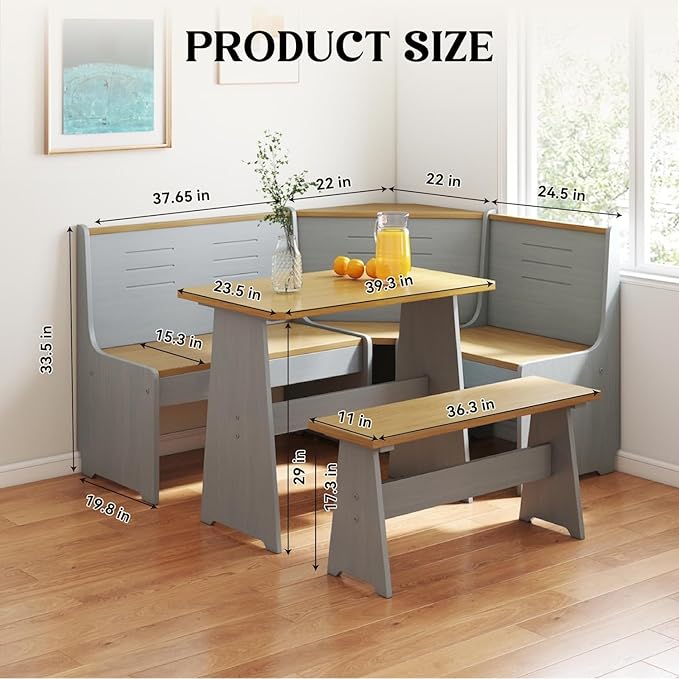 Breakfast Nook Corner Dining Table Kitchen Bench Chair Set, Space-Saving 3-5 People Seat Reversible L-Shape for Family Home Grey Wood