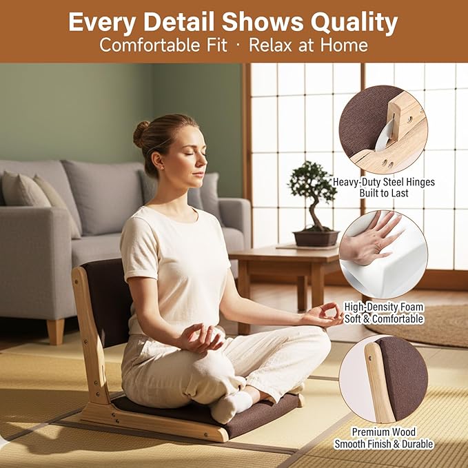 Tiita Foldable Tatami Chair, Japanese loor Chair, Wood Legless Back Rest Chairs with Cushion, Accent Meditation Floor Chairs Bay Window, Wood Brown