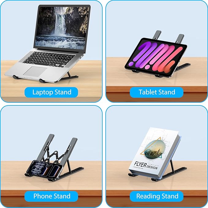 Gogoonike Adjustable Laptop Stand, Portable Laptop Riser for Desk, ABS+Silicone Foldable Ventilated Cooling Notebook Holder Stand for 10-15.6” Laptops, Tablets