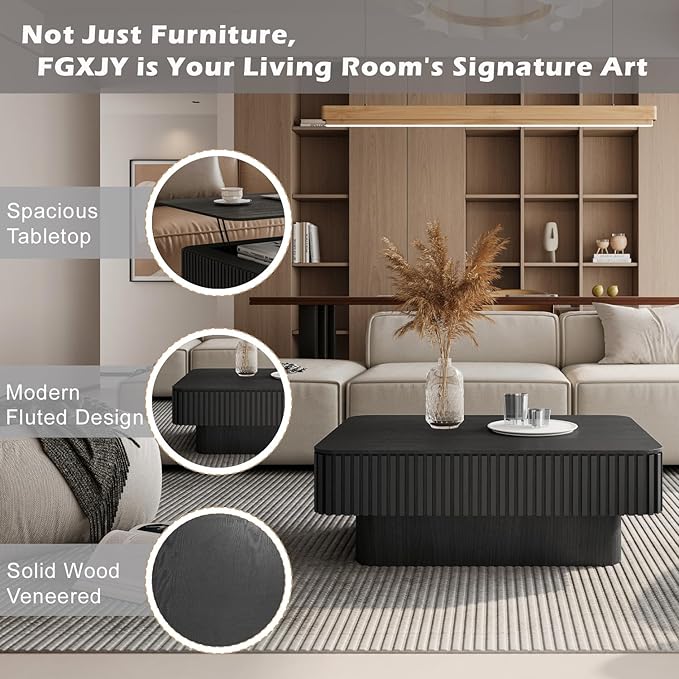FGXJY Lift Top Coffee Table with Storage, Solid Wood Coffee Table with Adjustable Height, Fluted Center Table Accent Tea Table for Living Room, Apartment, Office (38.6" Black)