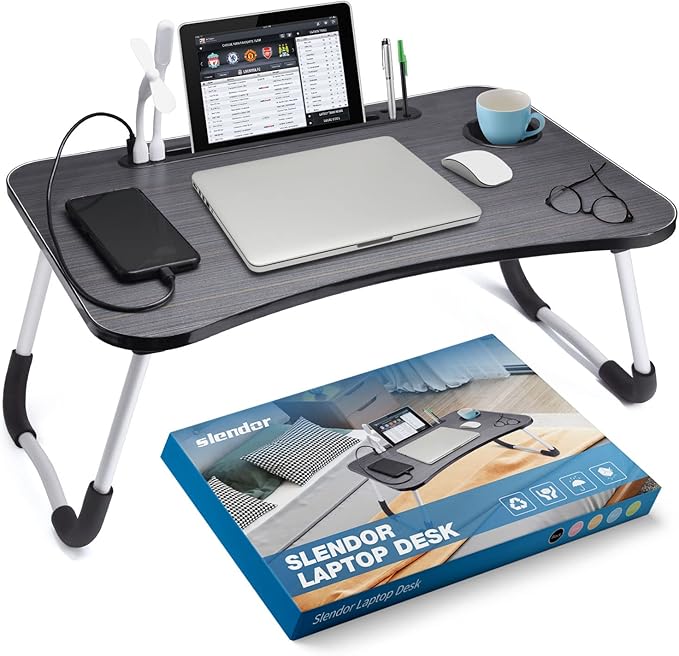 Slendor Lap Desk with Cup Holder, Foldable Laptop Table for Bed, Portable Bed Desk for Laptop and Writing, Computer Tray with Tablet Slot, Notebook Stand Reading Holder for Couch Sofa Floor,Black