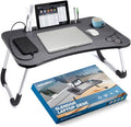 Slendor Lap Desk with Cup Holder, Foldable Laptop Table for Bed, Portable Bed Desk for Laptop and Writing, Computer Tray with Tablet Slot, Notebook Stand Reading Holder for Couch Sofa Floor,Black