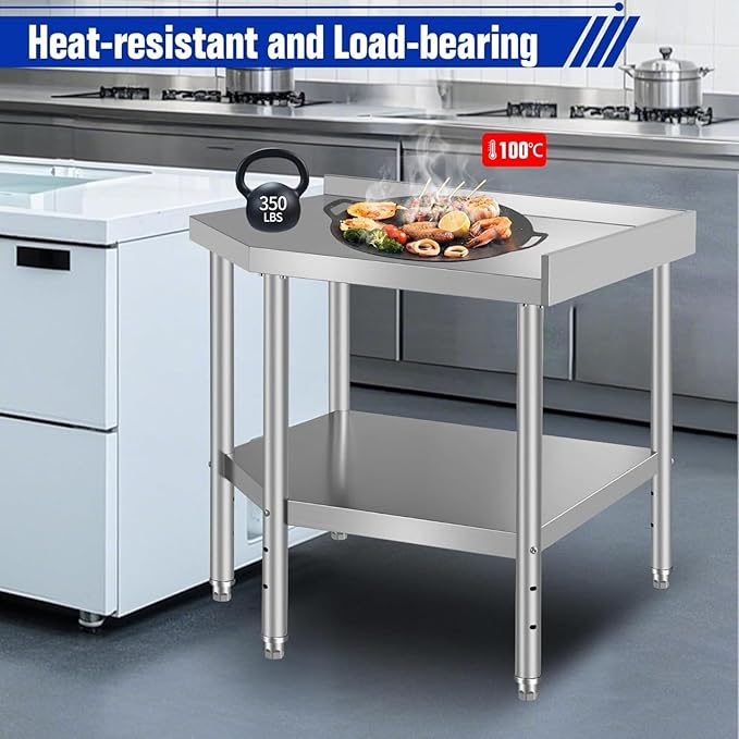 Commercial Stainless Steel Corner Work Table – NSF Approved with Splash Guard & Adjustable Shelf, Heavy Duty Kitchen Prep Bench for Restaurant & Home Use, Silver