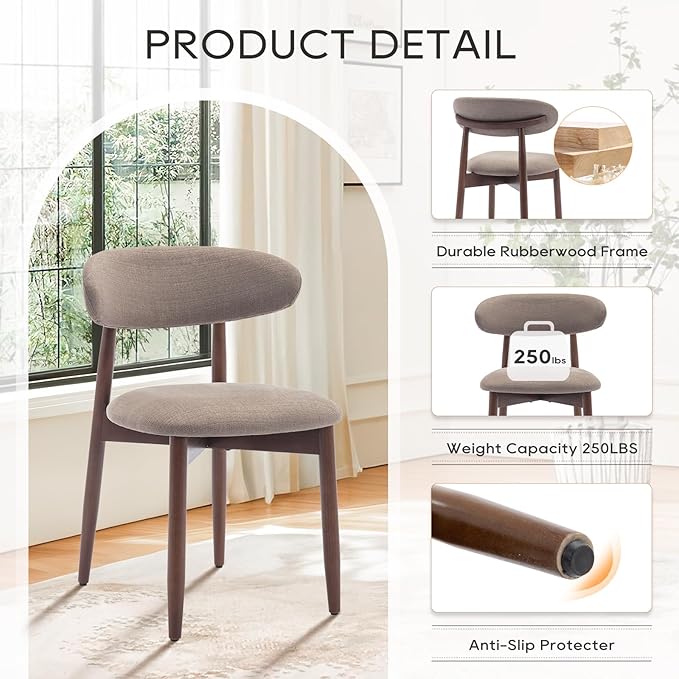 COLAMY Wooden Dining Chairs Set of 2, Modern Fabric Upholstered Kitchen Chairs, Farmhouse Dining Room Chair with Foot Pegs, Camel