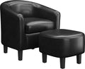 Yaheetech Accent Chair with Ottoman Set, Modern Faux Leather Upholstered Soft Barrel Chair and Footrest, Club Armchair and Footstool for Living Room/Bedroom/Reading Room/Guest Room, Black