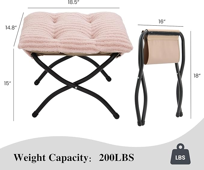 Mordchil HF 15"(H) Folding Ottoman, Foldable Footrest Stool, Portable Small Foot Stool for Couch, Collapsible Foot Rest Ottoman for Sofa, Accent Padded Ottomans for Living Room, Bedroom, Stripe Pink