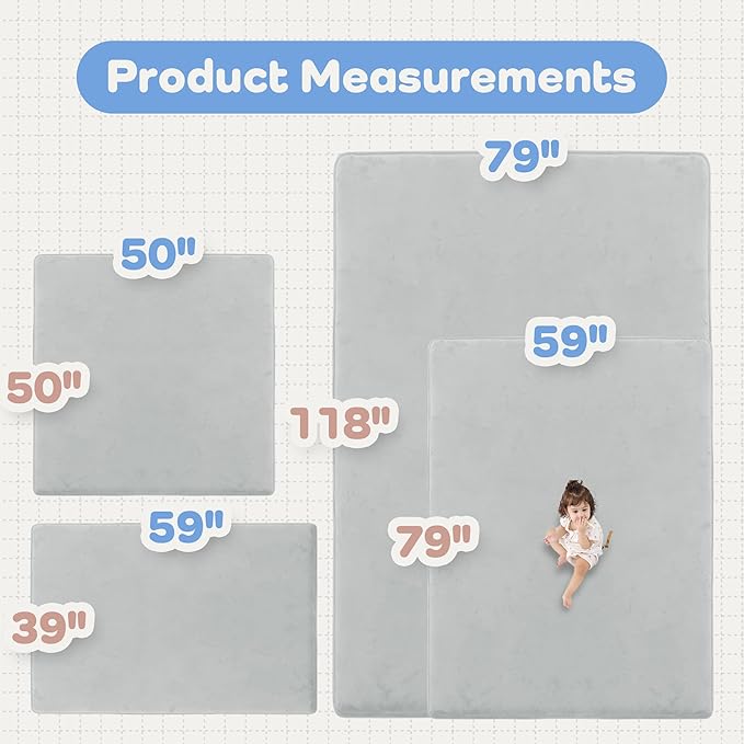PaPaMat 1.5" Thick Baby Play Mat for Floor, 50x50 Playpen Mat, Pro Soft Flannel Foam Mats Toddler Infant Kids Crawling for Nursery Rug Playroom Living Room Waterproof Easy Care Non-Slip (Light Grey)