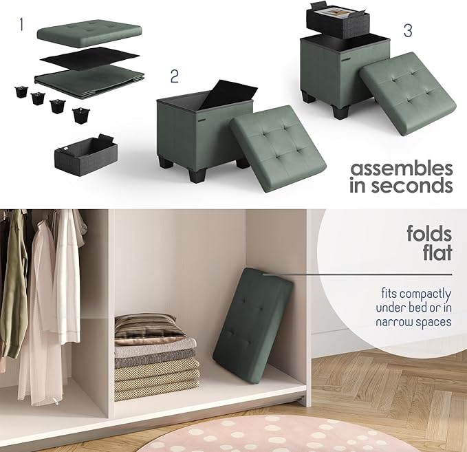 Storage Ottoman Cube with Small Bin, 16-in Square Ottoman with Storage for Living Room and Bedroom, Small Ottomans Foot Rest, Faux Leather Foot Stools Ottomans Max 330lbs, Green