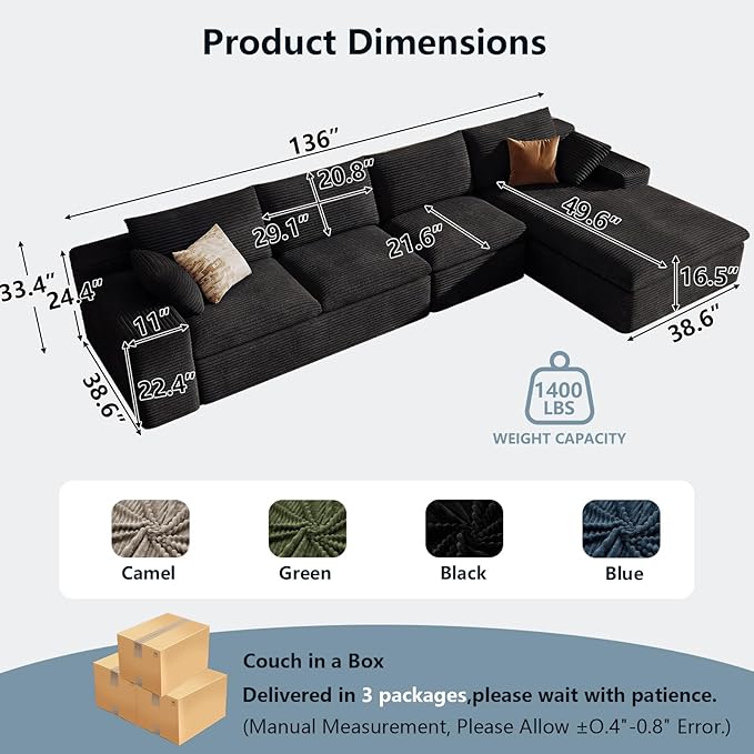136" Cloud Sectional Couch with L-Shape Chaise, Modern Corduroy Viral Boneless Sofa for Living Room,Memory Foam Couches in a Box with Deep Seat,No Assembly Required (Black,Right-Facing Chaise)