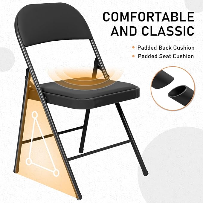 12 Pack Black Padded Folding Chairs Set - Comfortable Stackable Portable Chairs for Indoor Outdoor, Events, Parties, Office, Wedding (PU Leather, Classic Black,School Chair)