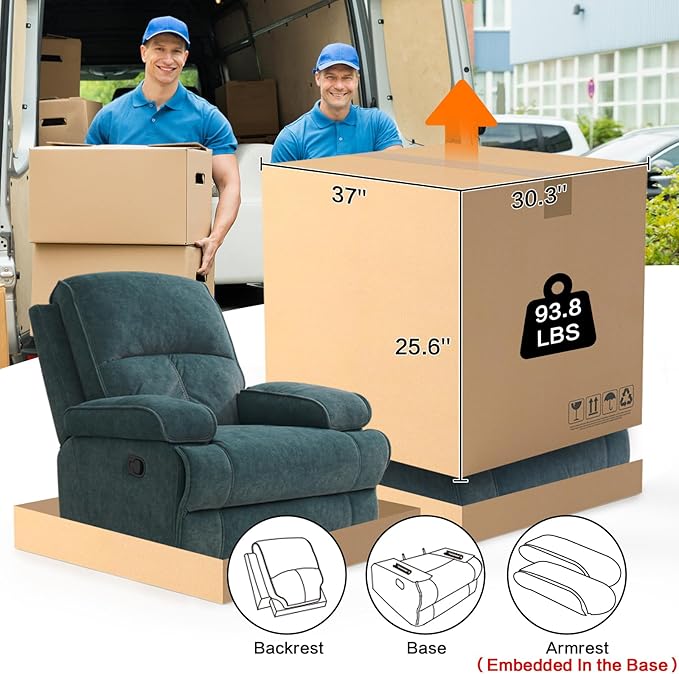 KeyEnergy Manual Rocker Recliner Chair for Adults, High Back Glider with Deep Seat, Upholstered Fabric Armchair for Living Room & Nursery, Blue