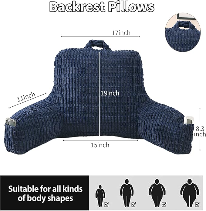 PAJEO Reading Pillow for Sitting in Bed, Large Backrest Reading Pillow with Arm Rest,Back-Rest Support Cushion for Sit Up on Couch, Sofa, and Floor, Dorm Essentials (Dark Blue Corduroy, Large(19"))