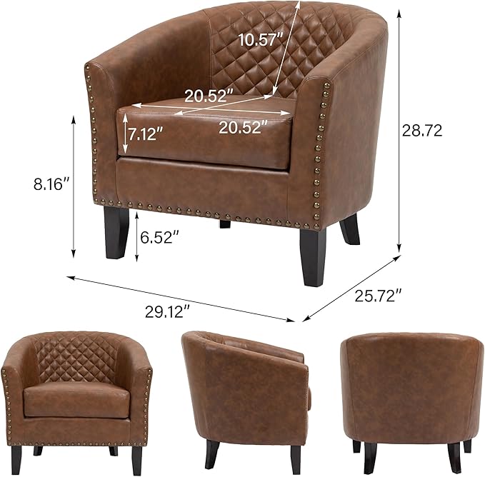 DREAMSIDEA Accent Barrel Chair, Upholstered Faux Leather Club Chair with Nailed Trim, Comfy Reading Armchair for Living Room Bedroom Reception Room Office (Brown, Set of 1)