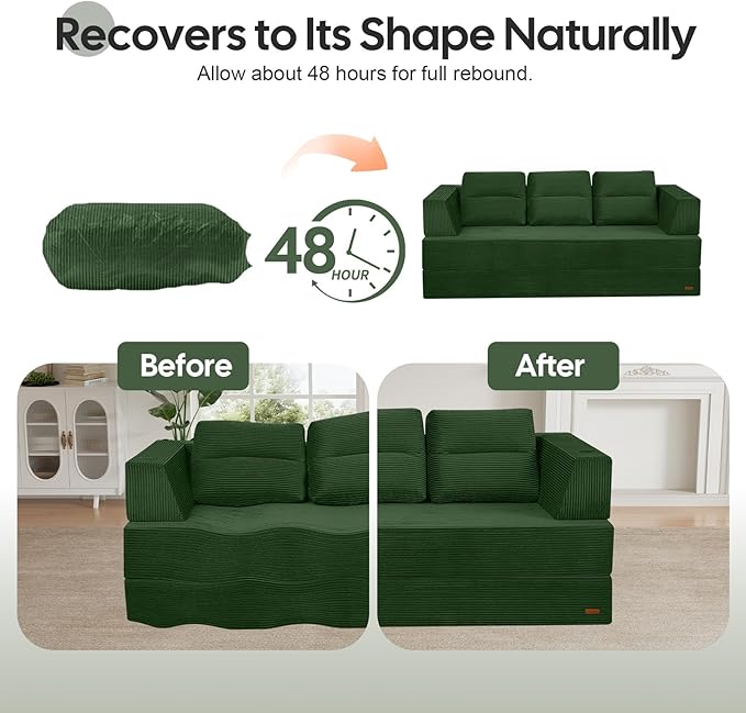 COMAX Futon Sofa Bed Queen, 79" Convertible Sofa Bed Couches for Living Room, 4 in 1 Folding Boneless Sleeper Corduroy Couch Loveseat Foam In a Box, Comfy Foldable Lounge Fold Out Floor Mattress Green