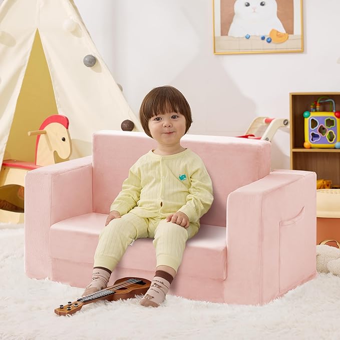 Kids Couch, 2-in-1 Toddler Chair Comfy 1-3 Years, Convertible Kids Chair, Toddler Couch That Fold Out, Kid Lounge Chairs for Boys and Girls, Soft Coral Fleece, Double, Pink