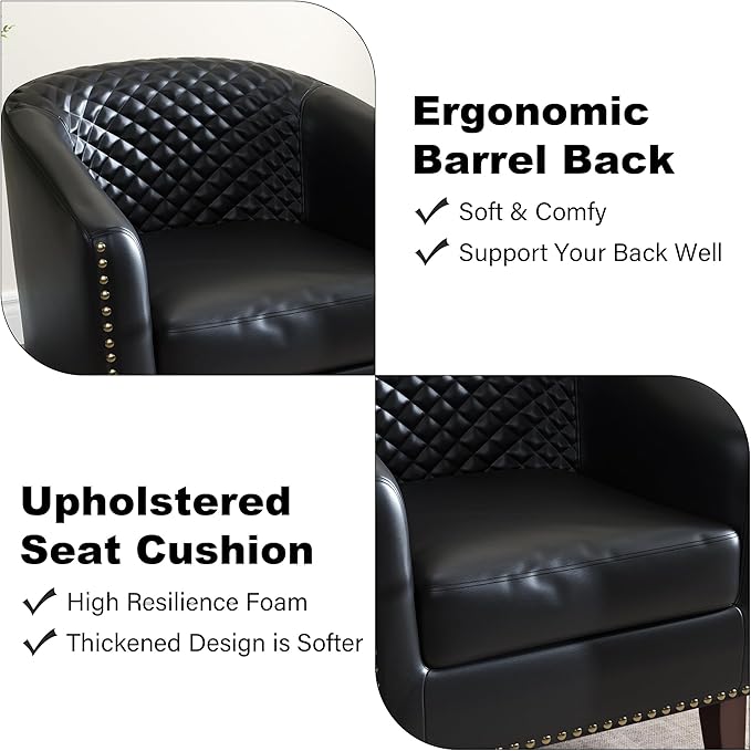 DREAMSIDEA Accent Barrel Chair, Upholstered Faux Leather Club Chair with Nailed Trim, Comfy Reading Armchair for Living Room Bedroom Reception Room Office (Black, Set of 1)