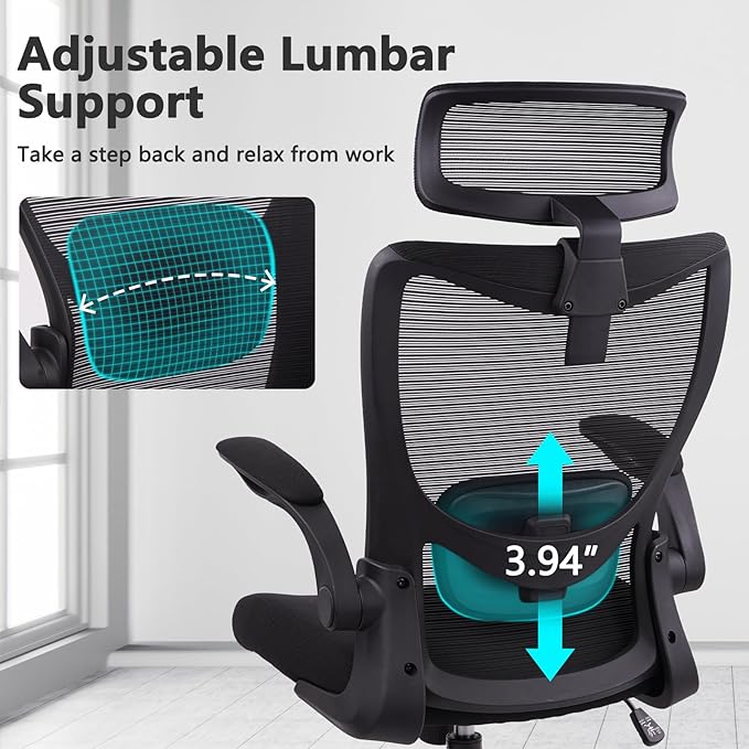 CLATINA Heavy Duty Ergonomic Mesh Office Chair 400LBS, Big and Tall Desk Chair with Adjustable Lumbar Support & Headrest, Flip Up Padded Arms, Swivel Computer Chair for Home, Conference, Black, 2 PACK