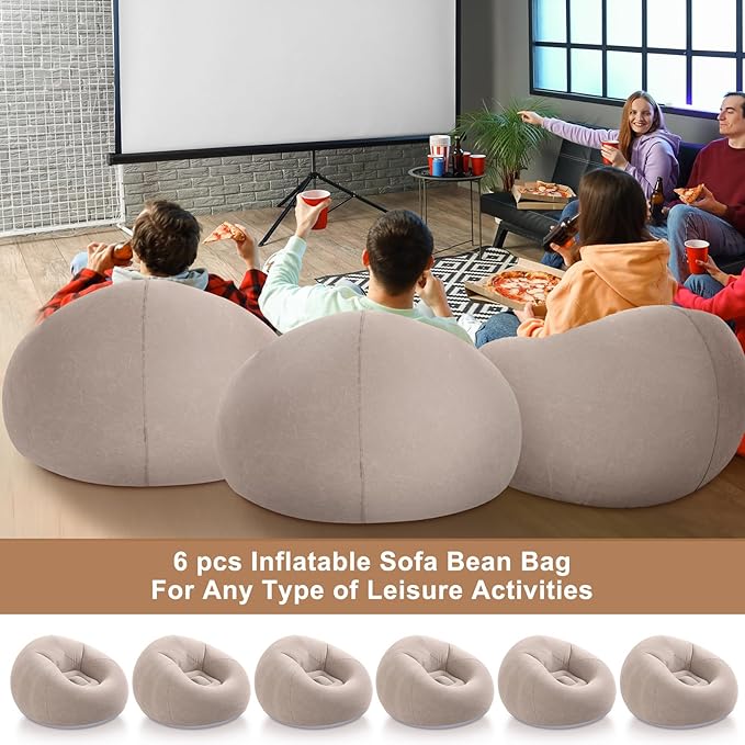 Realspring 6 Pcs Inflatable Bean Bag Chairs for Adults with Electric Air Pump, Blow up Couch Folding Portable Inflatable Couch Lazy Sofa for Outdoor Movie Nights Camping Room (Coffee)
