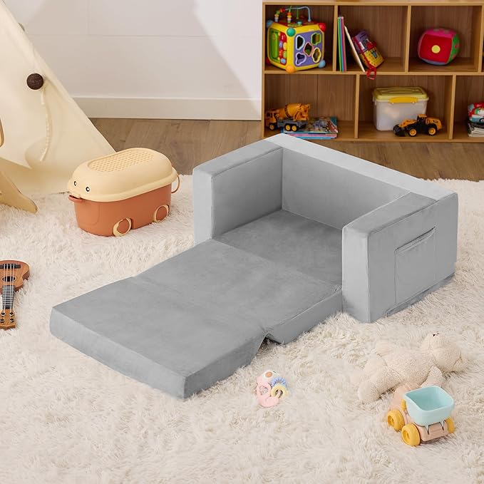 Kids Couch, 2-in-1 Toddler Chair Comfy 1-3 Years, Convertible Kids Chair, Toddler Couch That Fold Out, Kid Lounge Chairs for Boys and Girls, Soft Coral Fleece, Double, Grey