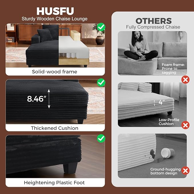HUSFU Chaise Lounge Chair Indoor, 60'' Oversized Sleeper Sofa, Chaise Lounge Reading Chairs for w/Cup Holder and USB&Type C Port, Fluffy Plush Cloud Sofas Couches for Living Room,Set of 2,Black