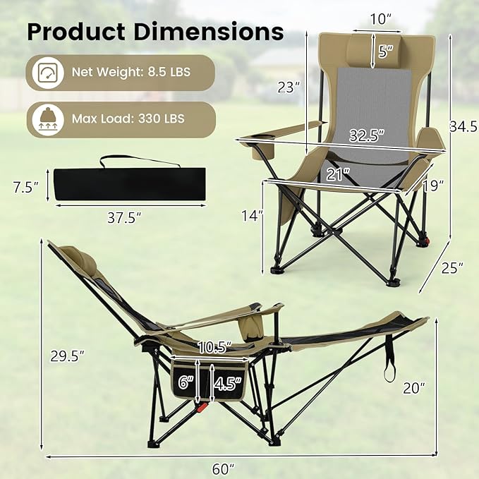 GYMAX Reclining Camping Chairs with Footrest, Lightweight Foldable Camping Chairs with Cup Holders, Adjustable Backrest, Headrest, Heavy Duty Camp Chair for Adult Outdoor Fishing Beach (Khaki,2)