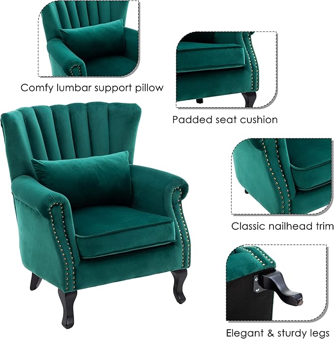 chairus Mid-Century Modern Accent Chair Comfy Single Sofa Chair Channel Back Armchair with Small Pillow for Living Roon Bedroom Club - Velvet, Green