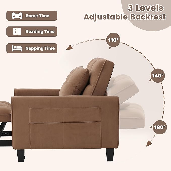 choairy Convertible Sleeper Chair, 3 in 1 Sleeper Chair Bed Pull Out Sofa Bed Chairs, Single Sofa Beds with Adjustable Backrest for Adults Reading Living Room, Bedroom, Velvet Brown