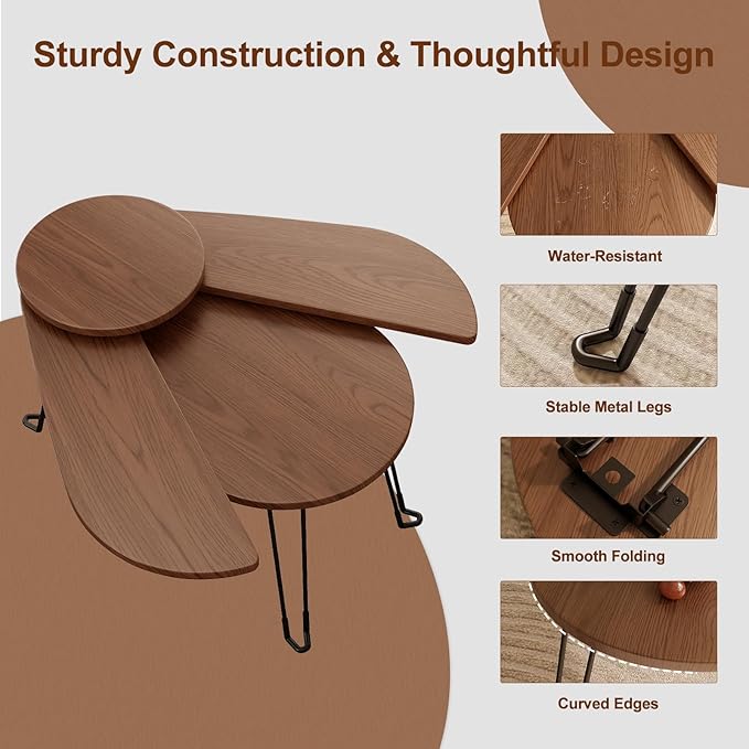 Solid Wood Small Coffee Table, Beetle Design, Full Assembly, Folding Coffee Table for Small Spaces, Portable Floor Table Furniture for for Garden, Balcony, Indoor or Outdoor Use (Walnut)