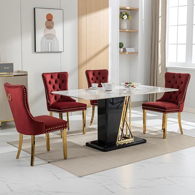 YeahFurn Mid Century Modern Dining Chairs Set of 8, Red Velvet Upholstered Tufted Back, Kitchen & Dining Room Chairs, Gold Metal Legs, Nailhead Trim, Sillas para Comedor (Red, 8 Pcs)