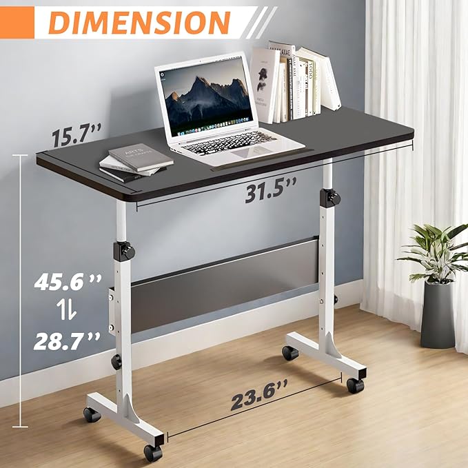 HDHNBA Rolling Desk Adjustable Height,Portable Laptop Desks,Small Standing Desk with Wheels for Home Office (31.50 * 15.75,Black)