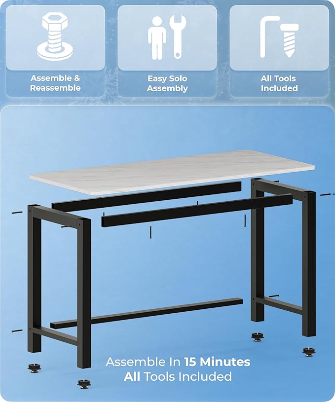51" Home Office Desk Modern Computer Desk 51.2x23.6x29.5 inches PC Table with Thicken Frame Industrial Style Sturdy Metal Frame Furniture for Writing Gaming Marble White+Black