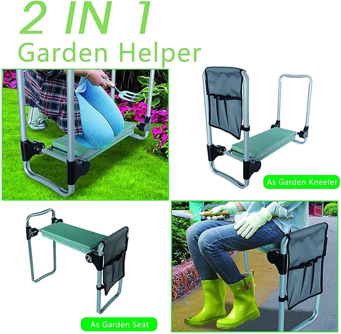 LUCKYERMORE Garden Kneeler and Seat, Button Press Kneeling Bench with Tool Pouch and EVA Foam Pad, Foldable Gardening Stool, Gardening Gifts for Parents Seniors, Lightweight & Heavy Duty