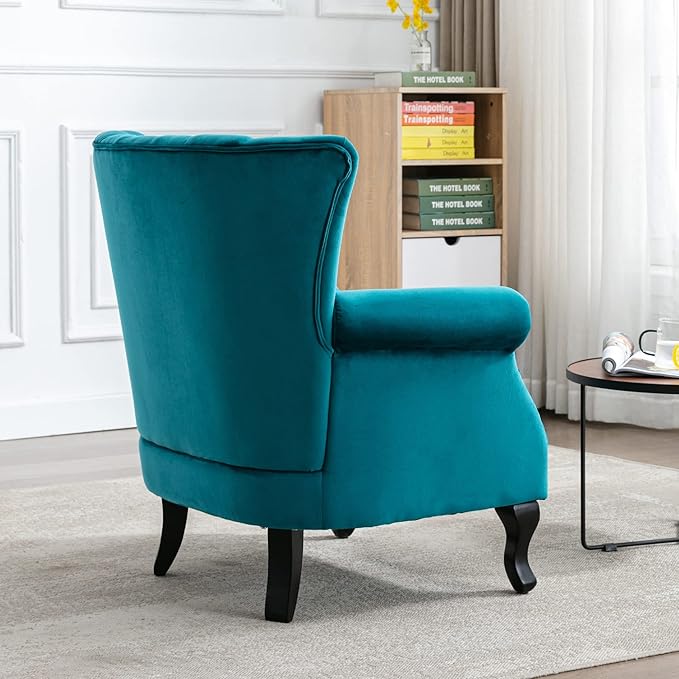 DM Furniture Velvet Accent Chairs Set of 2 with Arm Comfy Living Room Chair Mid-Century Modern Wingback Side Chair Single Sofa Couch for Bedroom Guest Room, Teal Blue