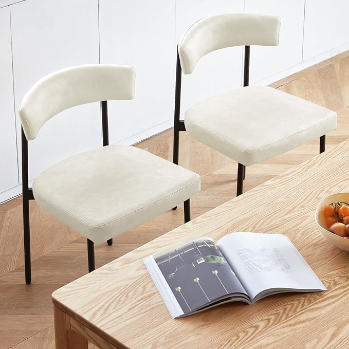Beige Faux Leather Dining Chairs Set of 4, Armless Upholstered Kitchen Chair,Modern Dining Room Chair with Curved Backrest