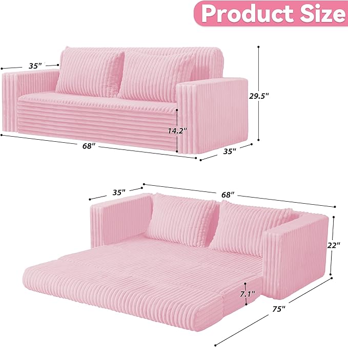 HABUTWAY Folding Sofa Bed, 2 in 1 Convertible Sleeper Chair with 2 Pillows, Portable Fold Out Chair Bed with Armrest, Comfy Floor Couch, Lazy Sofa for Living Room Bedroom Dorm Home Office, Pink