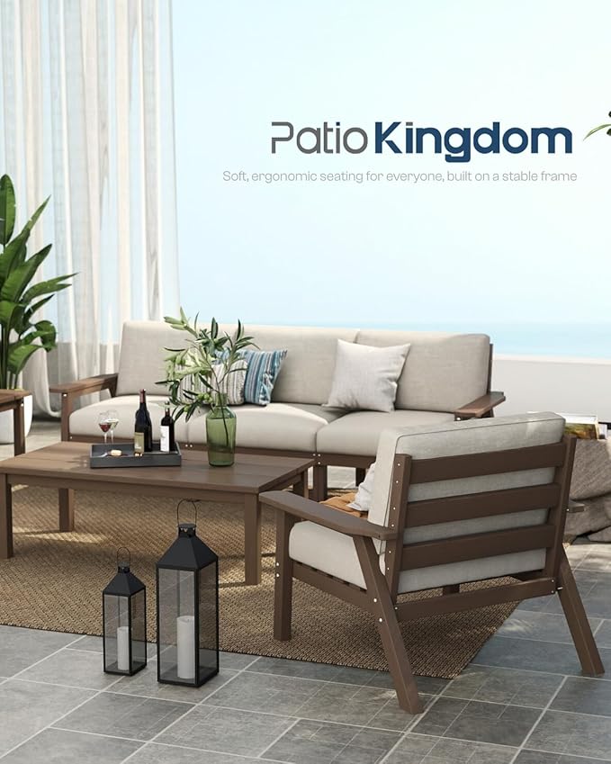 Patio Kingdom Patio Furniture Set 8 Seats, HDPE Outdoor Sectional with Beige Washable Thick Cushions, Coffee Table, Patio Conversation Sets for Lawn, Garden, Porch, Balcony, Deck (Brown Frame)