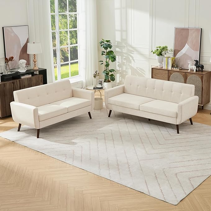 Tbfit Mid Century Modern Sofa Couch, Beige, Loveseat & Standard Sofa | linen fabric, button tufted, solid wood foot, pocket spring, wood slats frame
