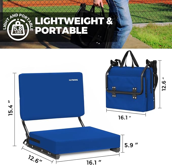 HUTMANG Stadium Chairs for Adults,Bleacher Chairs with Back Support,Portable Stadium Seats with Swivel Padded Cushion,Folding Comfort Stadium Seat with Shoulder Strap,Perfect for Sports Events(Blue)