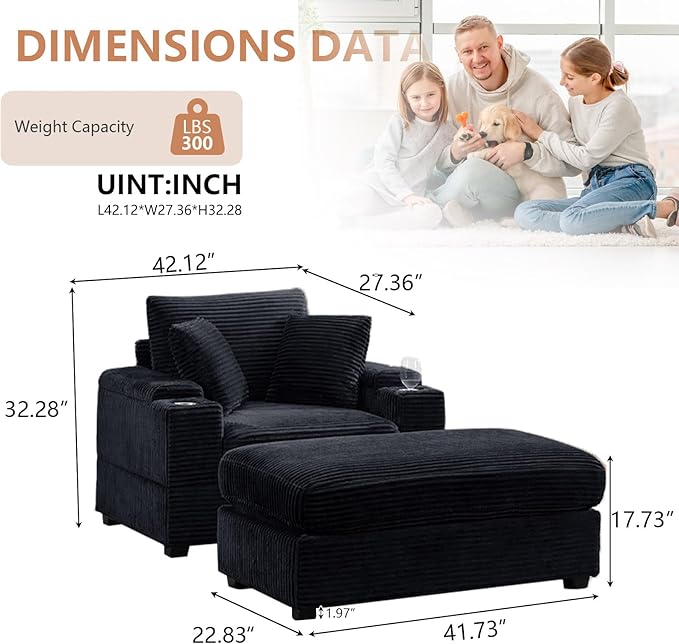 50" Oversized Chaise Lounge Chair Indoor with Ottoman and Storage, Deep Seat Upholstered Reading Chair, Comfy Corduroy Sleeper Chair with Cup Holder, Reclining Chair for Living Room, Bedroom, Black