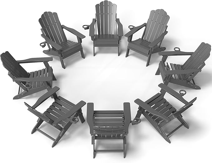FOOWIN Adirondack Chair Set of 8, Folding Adirondack Chair with Cup Holder, HDPE All-Weather Fire Pit Chair for Patio, Garden, Backyard, Poolside, Grey