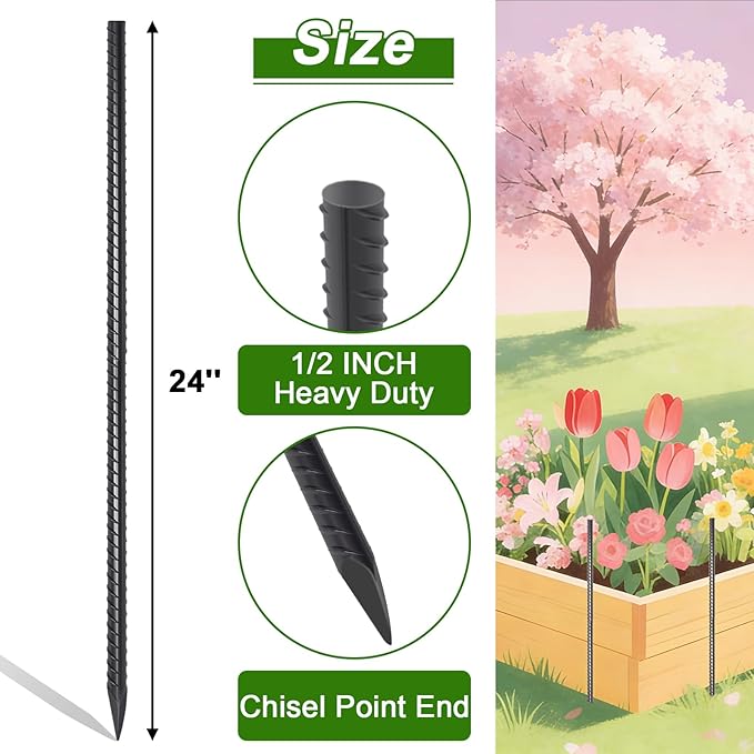 AAGUT Rebar Stakes 24 Inch 10 Pcs Landscape Timber Spikes 1/2", Heavy Duty Straight Garden Plant Stakes for Concrete Forming, Ground Anchors with Chisel Point End, Black
