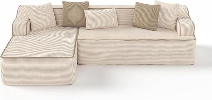 PHI VILLA 104" Cloud Sectional Sofa, Modern L-Shaped Couch with Deep Seat, Compressed Couches for Apartment Living Room, No Assembly Required, Corduroy, Beige